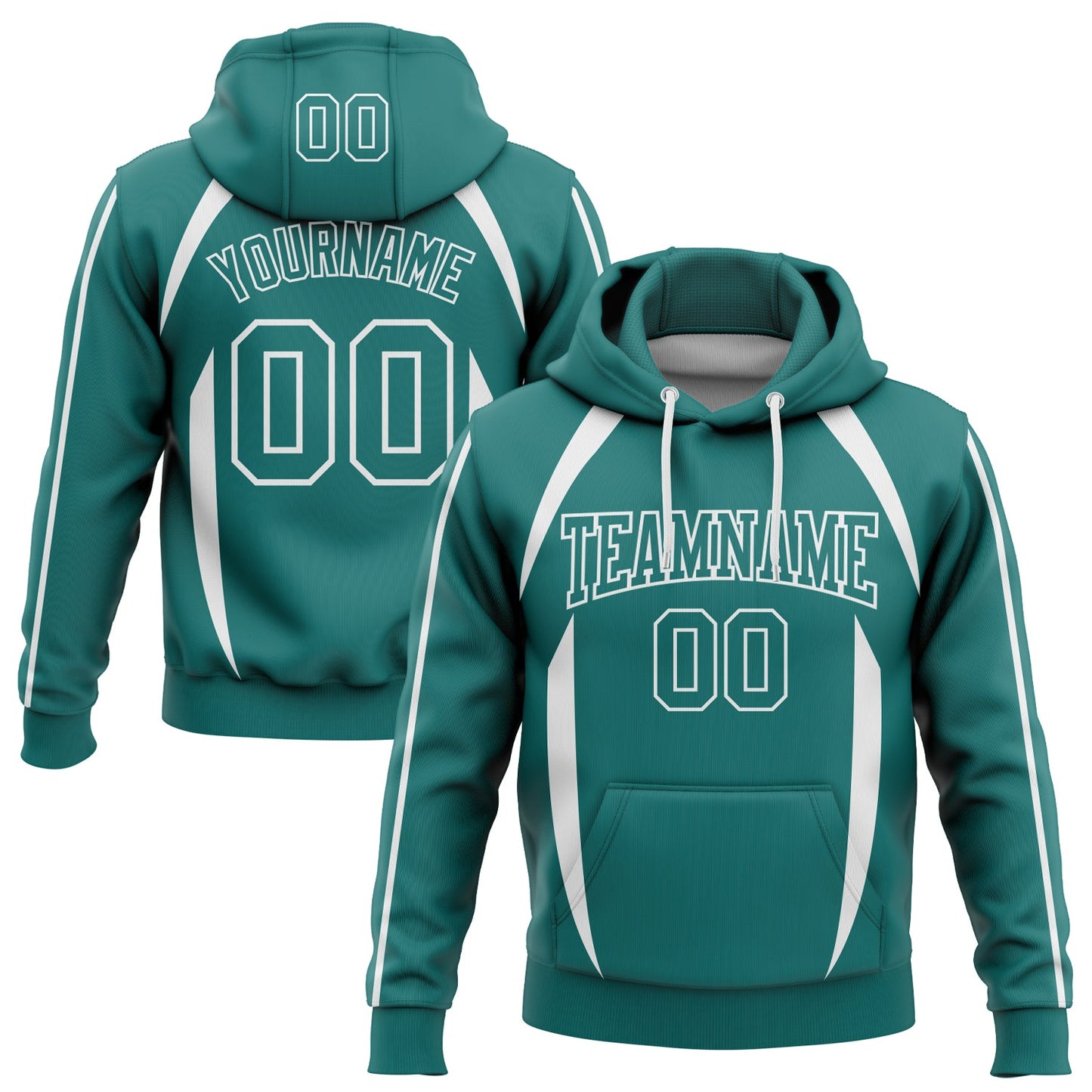 Custom Stitched Teal White 3D Pattern Design Contrast Color Stripe Sports Pullover Sweatshirt Hoodie - Main View