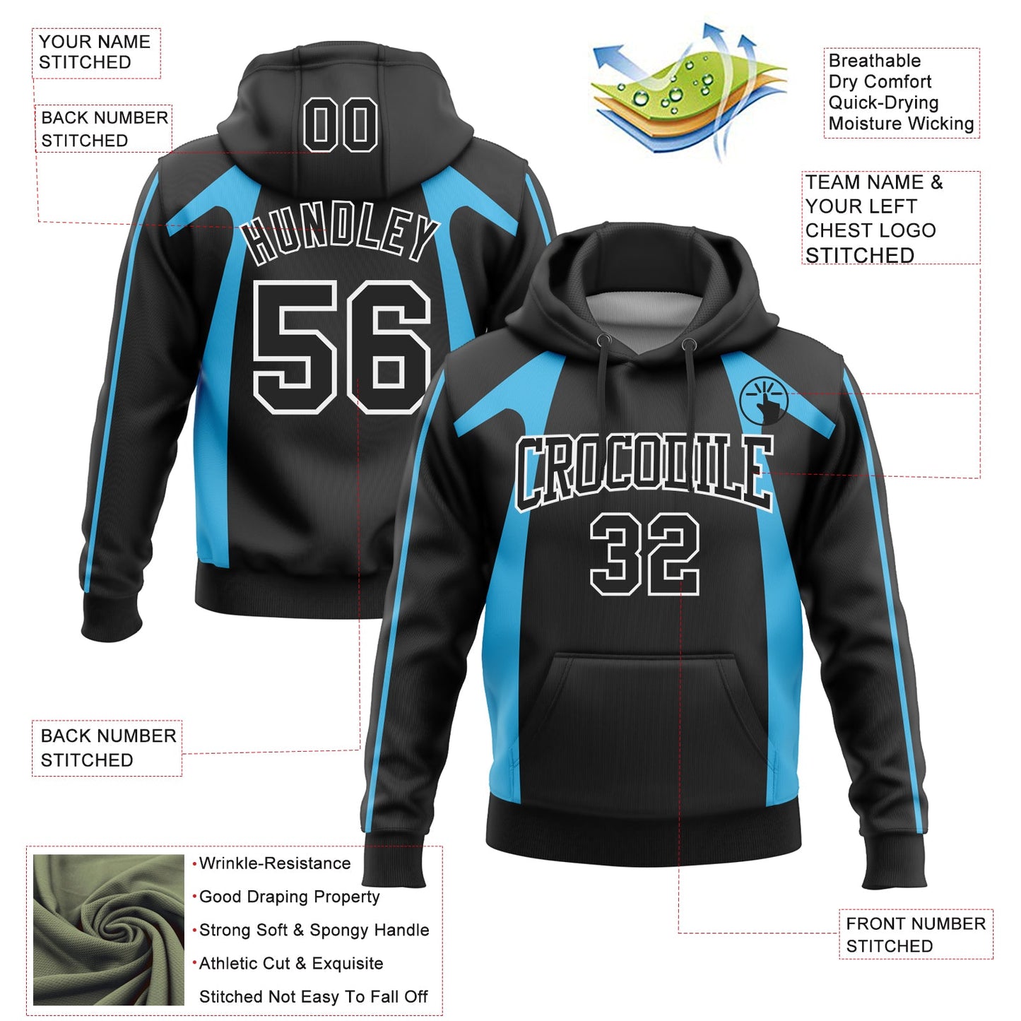 Custom Stitched Black Sky Blue 3D Pattern Design Segmentation Patchwork Stripe Sports Pullover Sweatshirt Hoodie view 2