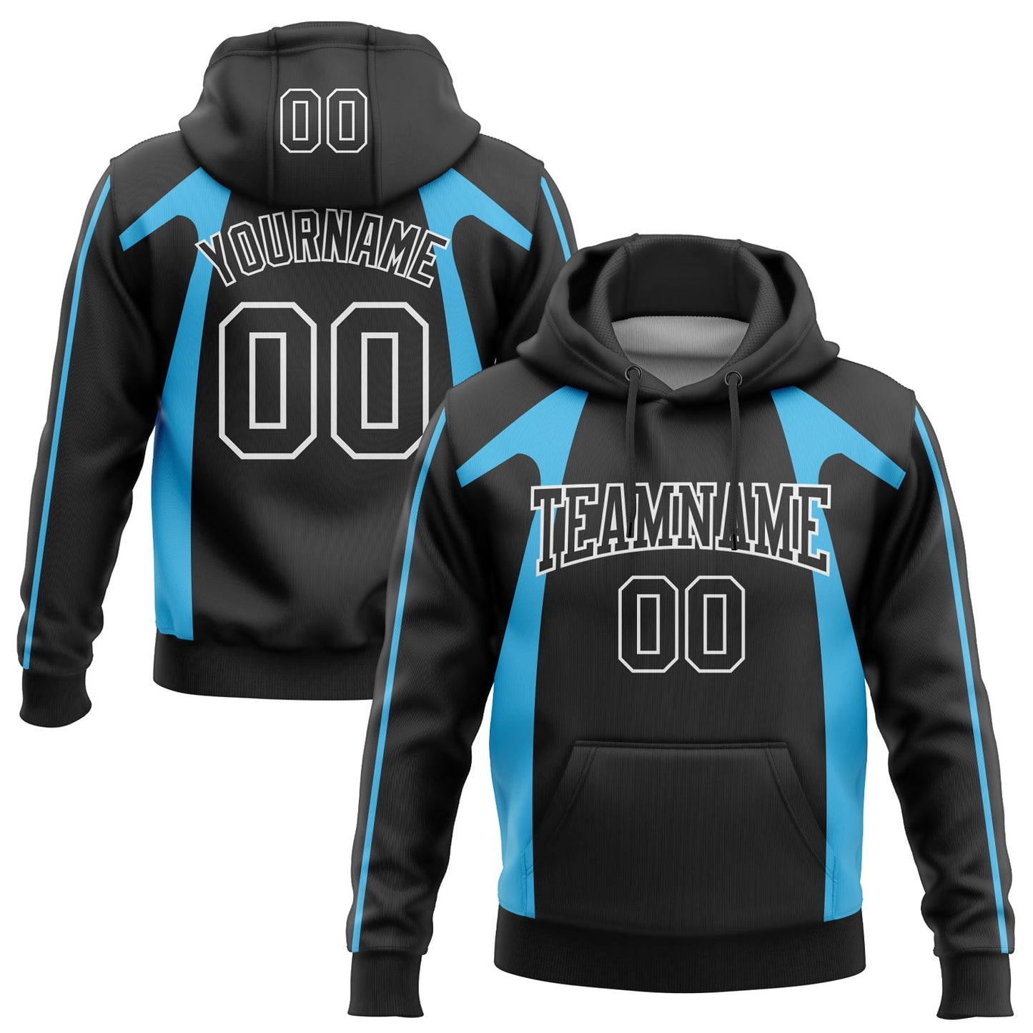 Custom Stitched Black Sky Blue 3D Pattern Design Segmentation Patchwork Stripe Sports Pullover Sweatshirt Hoodie - Main View