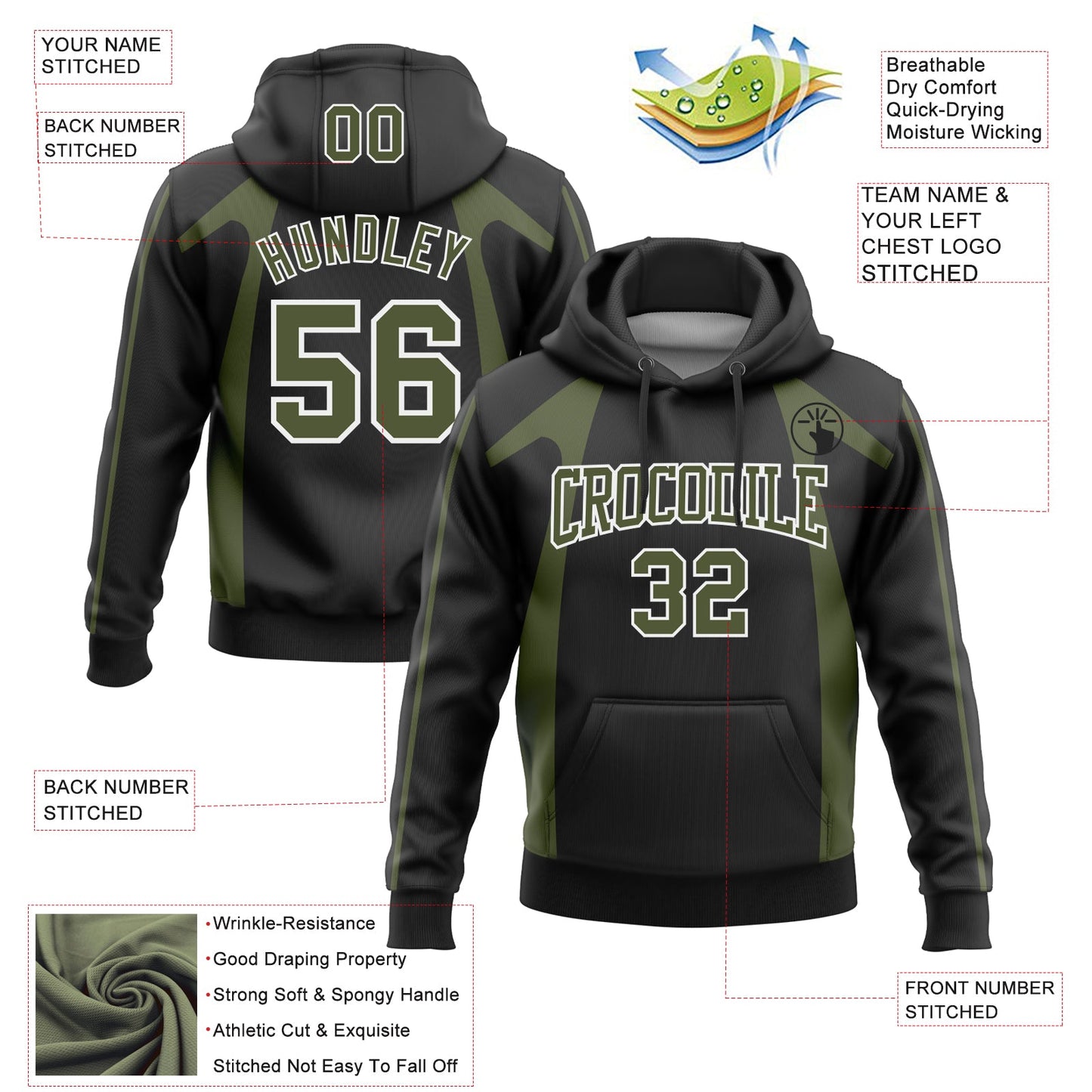 Custom Stitched Black Olive-White 3D Pattern Design Segmentation Patchwork Stripe Sports Pullover Sweatshirt Hoodie view 2