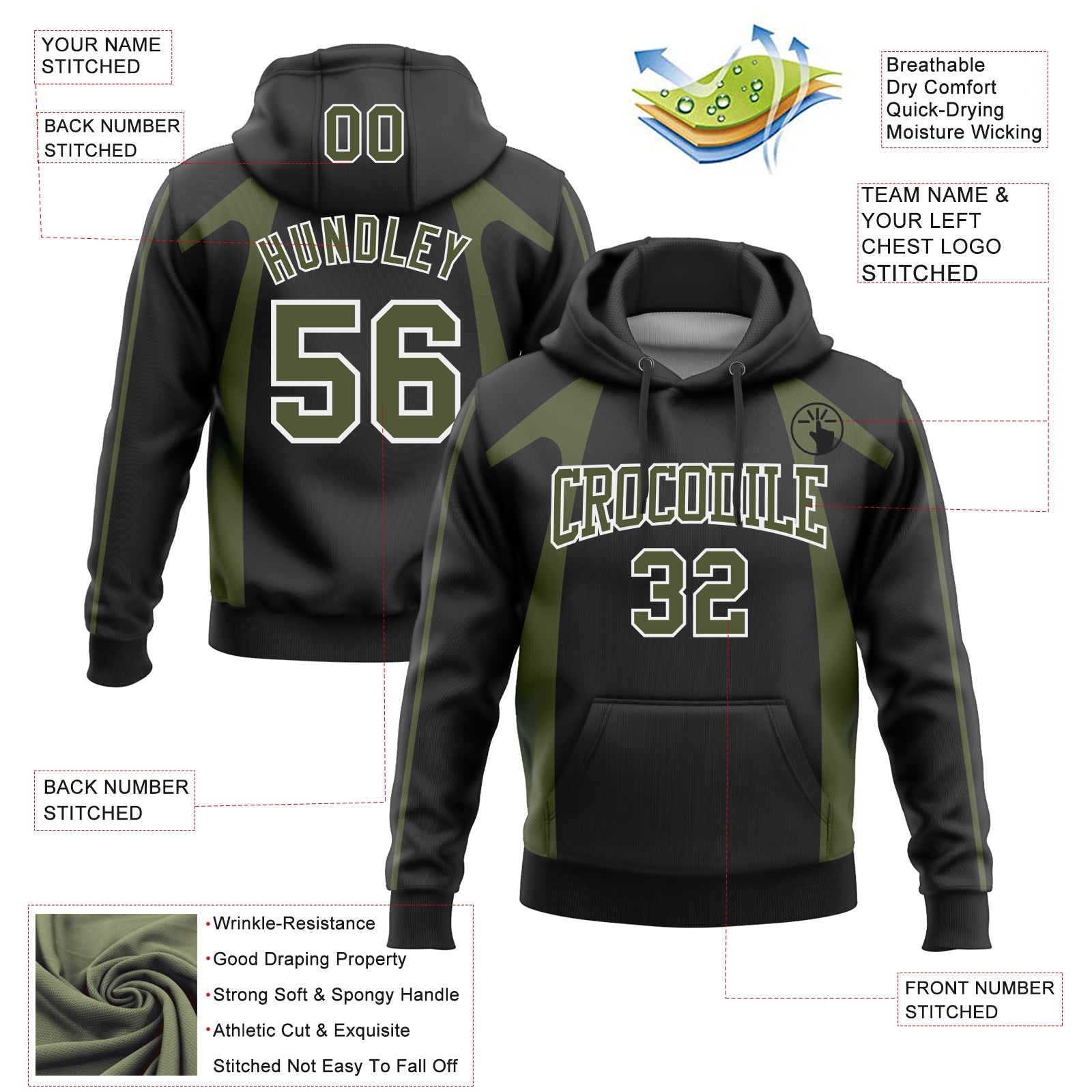 Custom Stitched Black Olive-White 3D Pattern Design Segmentation Patchwork Stripe Sports Pullover Sweatshirt Hoodie view 2