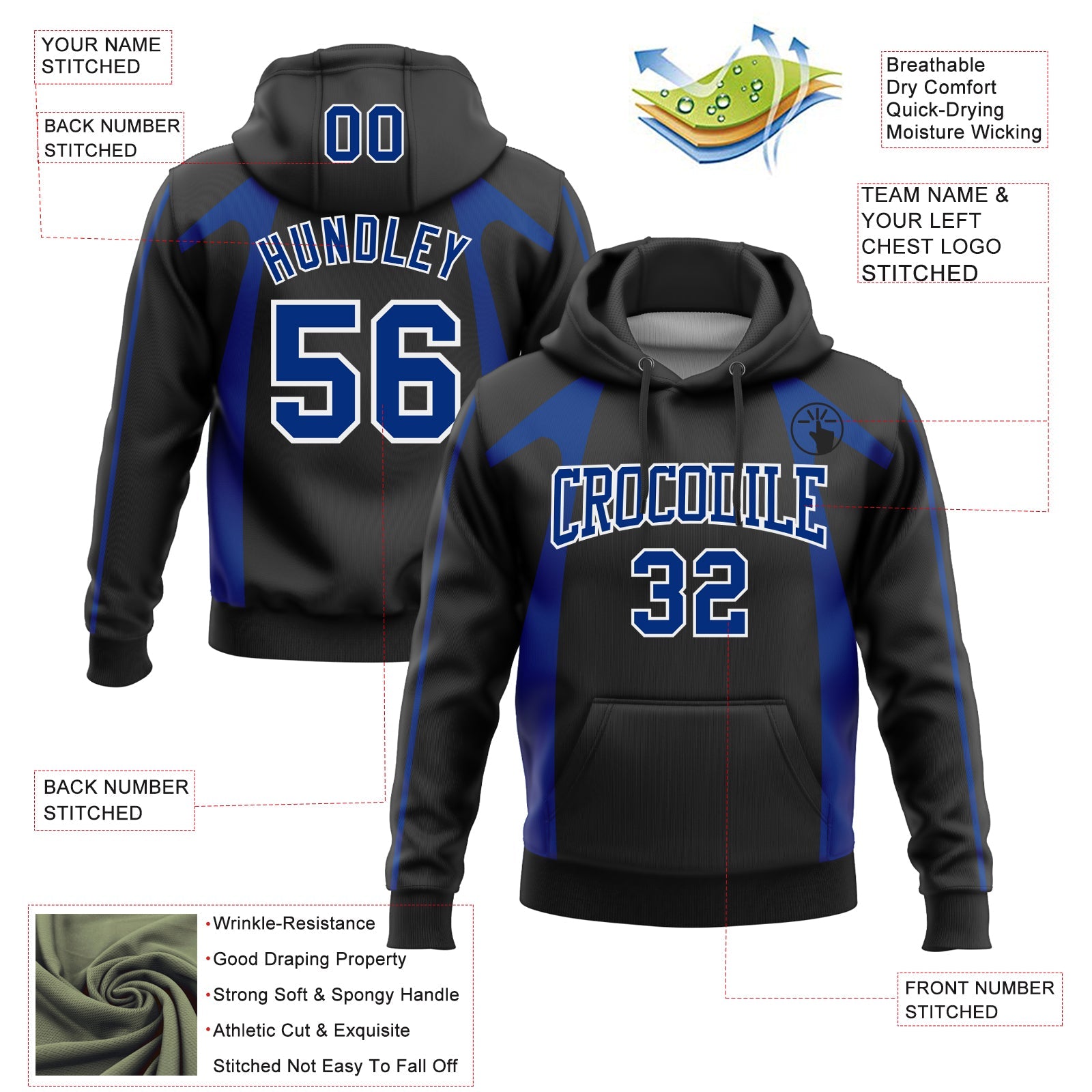 Custom Stitched Black Royal-White 3D Pattern Design Segmentation Patchwork Stripe Sports Pullover Sweatshirt Hoodie view 2
