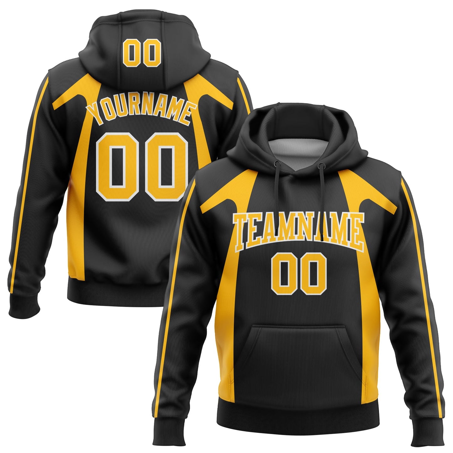 Custom Stitched Black Gold-White 3D Pattern Design Segmentation Patchwork Stripe Sports Pullover Sweatshirt Hoodie - Main View