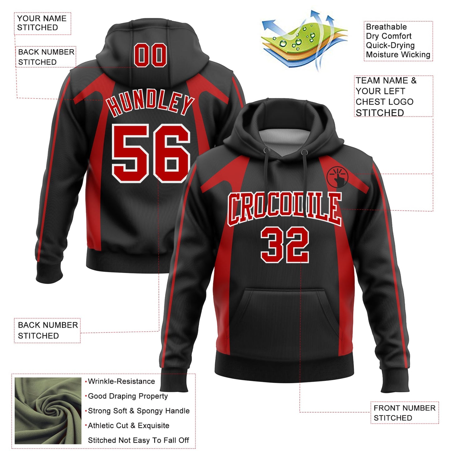 Custom Stitched Black Red-White 3D Pattern Design Segmentation Patchwork Stripe Sports Pullover Sweatshirt Hoodie view 2