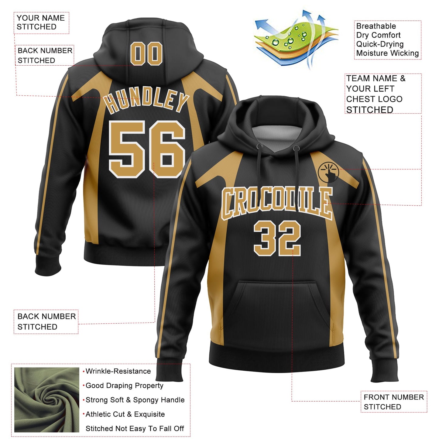 Custom Stitched Black Old Gold-White 3D Pattern Design Segmentation Patchwork Stripe Sports Pullover Sweatshirt Hoodie view 2