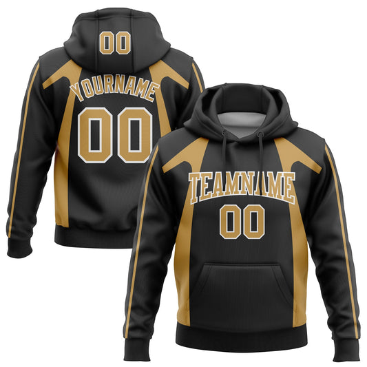 Custom Stitched Black Old Gold-White 3D Pattern Design Segmentation Patchwork Stripe Sports Pullover Sweatshirt Hoodie - Main View