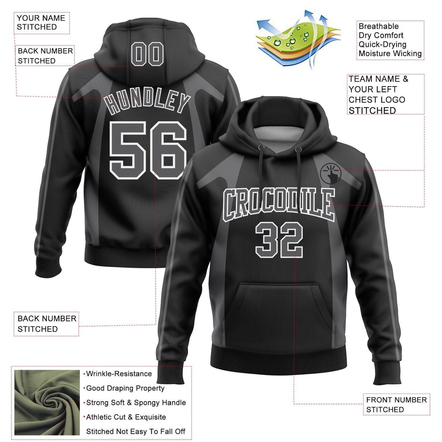 Custom Stitched Black Steel Gray-White 3D Pattern Design Segmentation Patchwork Stripe Sports Pullover Sweatshirt Hoodie view 2