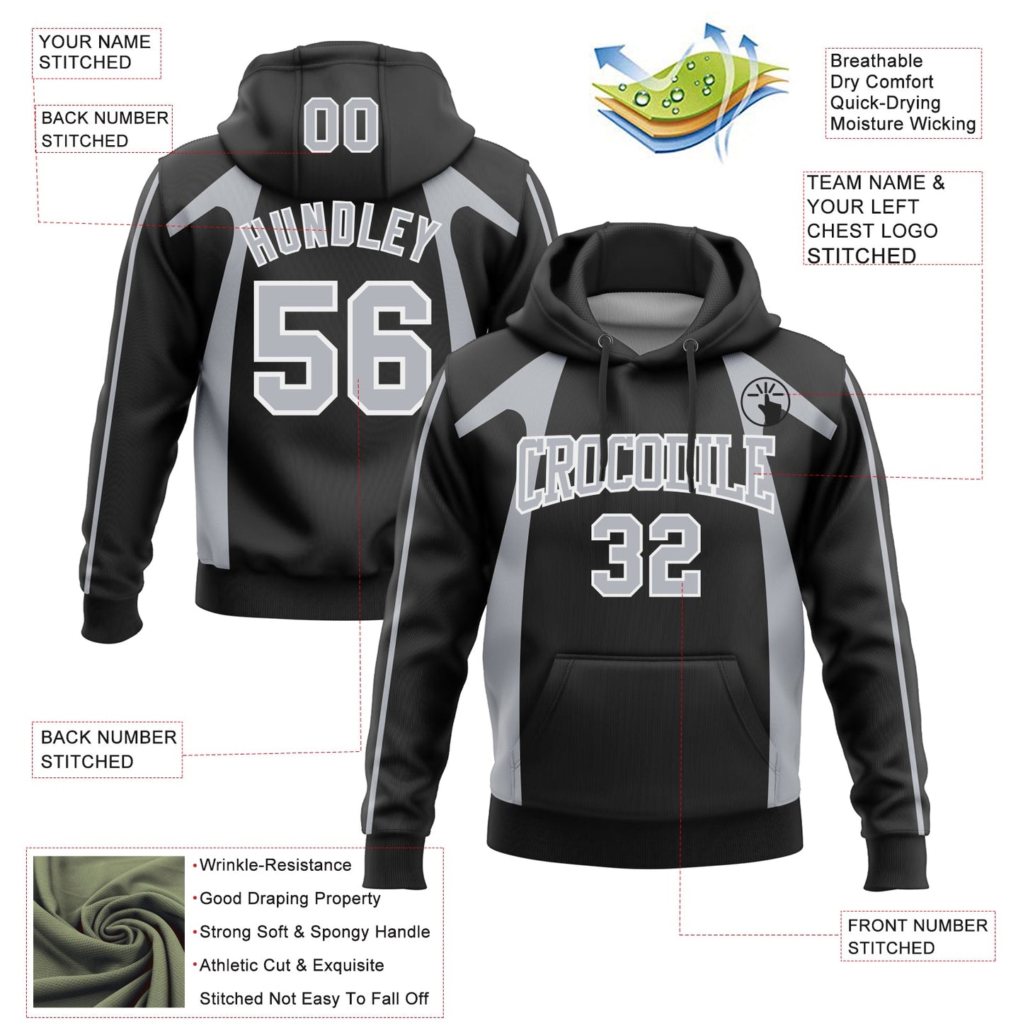 Custom Stitched Black Gray-White 3D Pattern Design Segmentation Patchwork Stripe Sports Pullover Sweatshirt Hoodie view 2