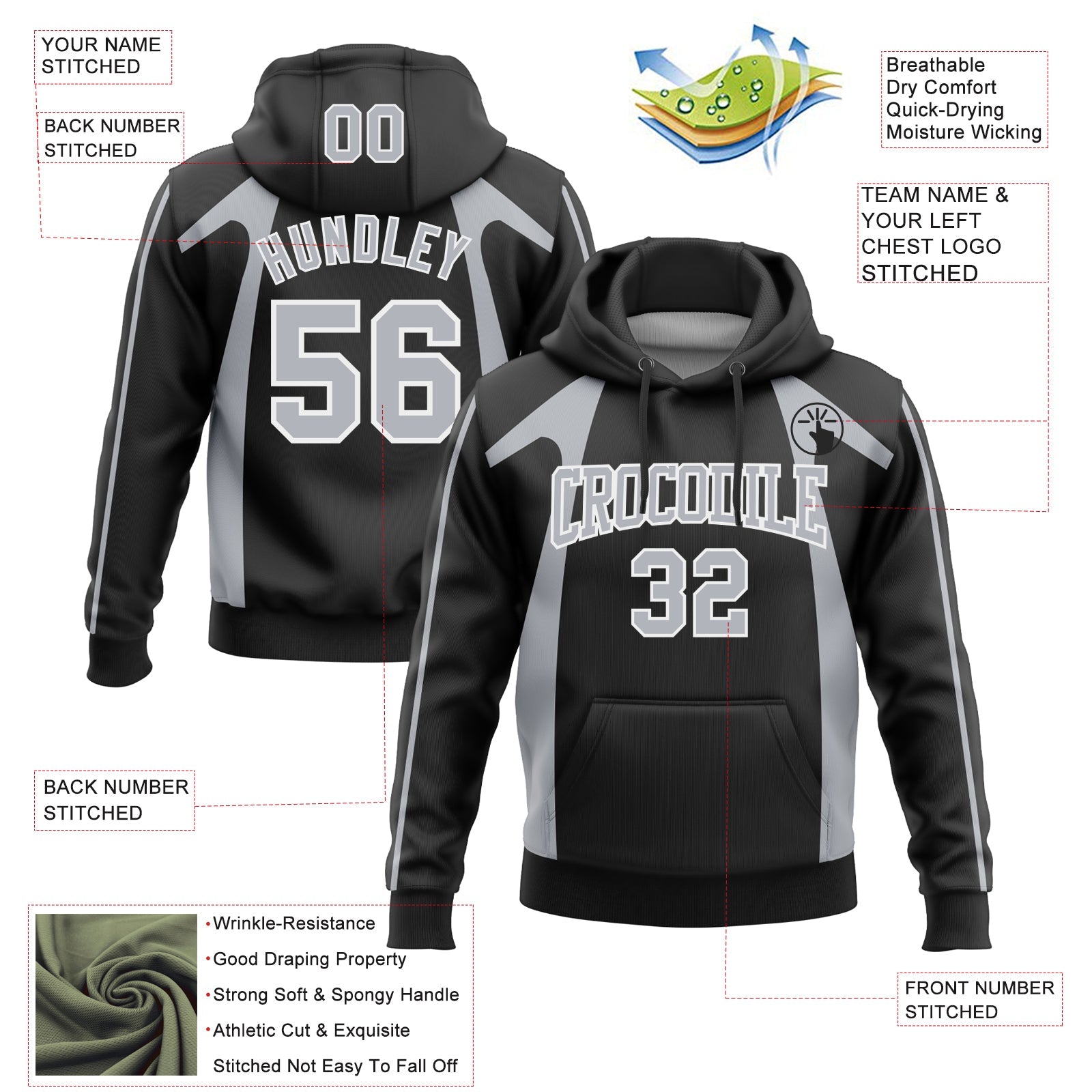 Custom Stitched Black Gray-White 3D Pattern Design Segmentation Patchwork Stripe Sports Pullover Sweatshirt Hoodie view 2
