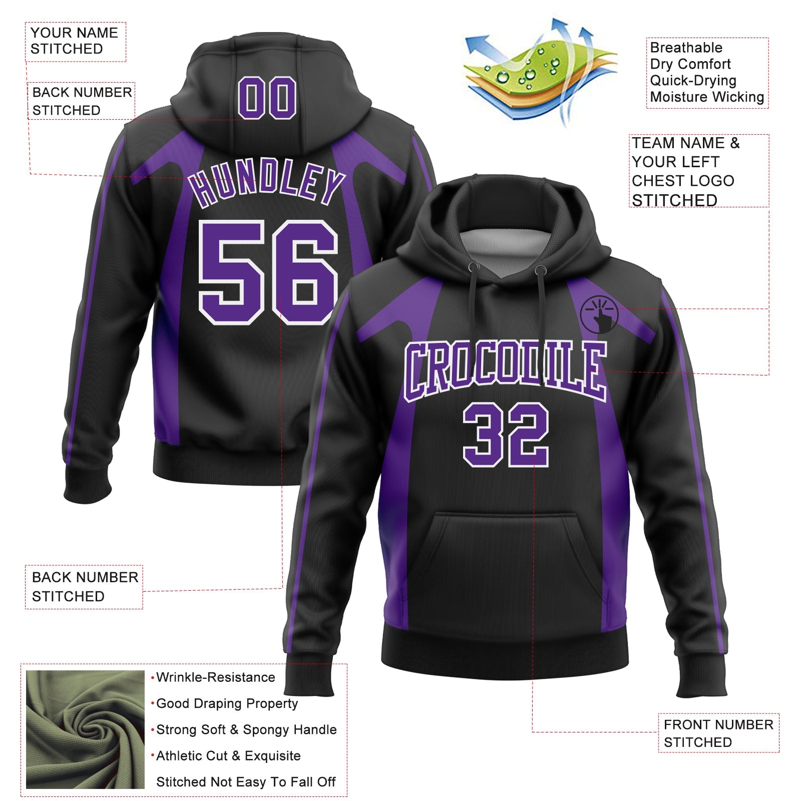 Custom Stitched Black Purple-White 3D Pattern Design Segmentation Patchwork Stripe Sports Pullover Sweatshirt Hoodie view 2