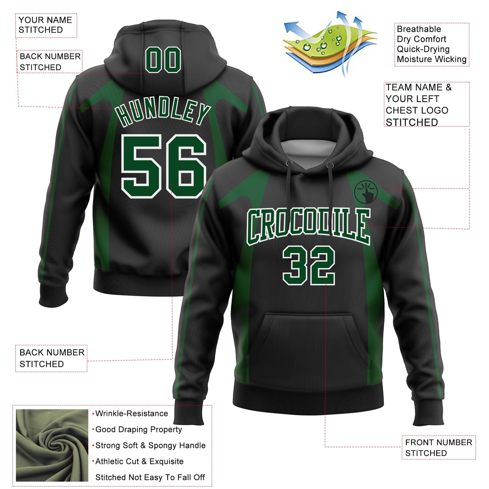 Custom Stitched Black Green-White 3D Pattern Design Segmentation Patchwork Stripe Sports Pullover Sweatshirt Hoodie view 2