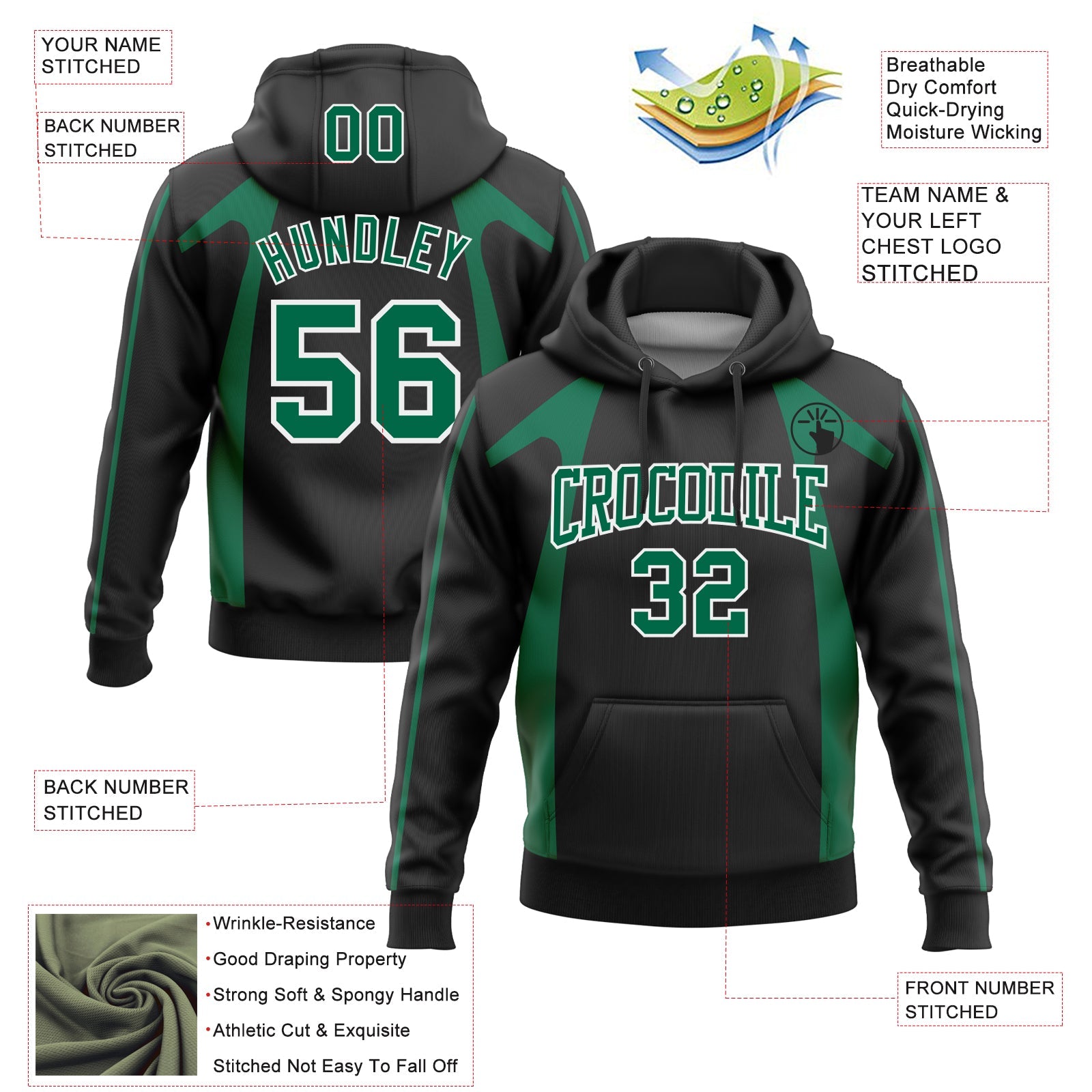Custom Stitched Black Kelly Green-White 3D Pattern Design Segmentation Patchwork Stripe Sports Pullover Sweatshirt Hoodie view 2