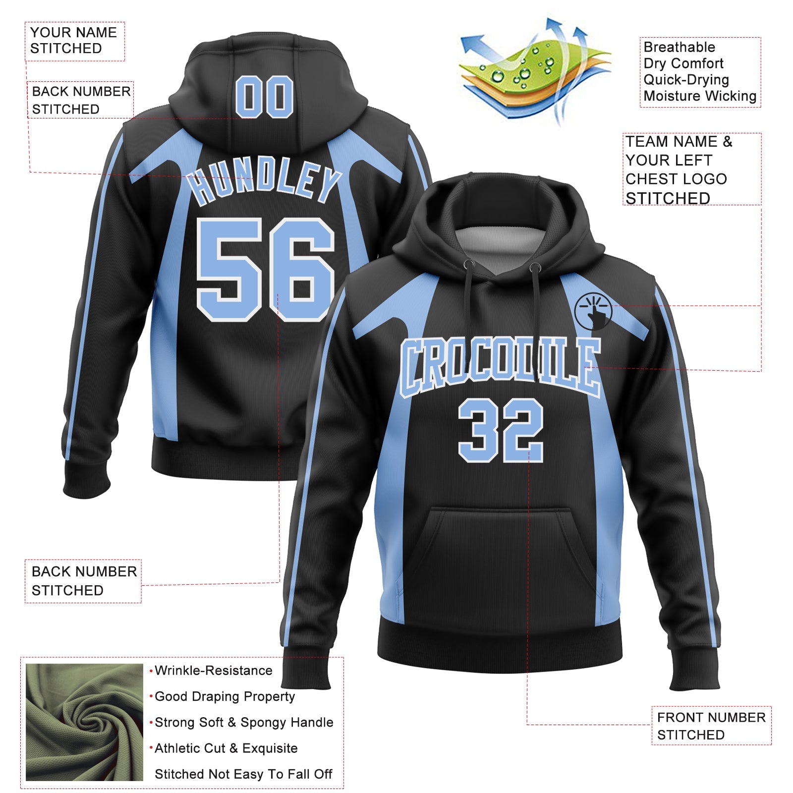 Custom Stitched Black Light Blue-White 3D Pattern Design Segmentation Patchwork Stripe Sports Pullover Sweatshirt Hoodie view 2