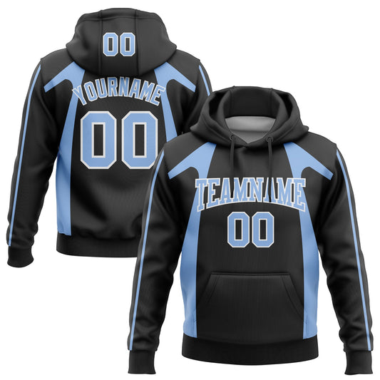 Custom Stitched Black Light Blue-White 3D Pattern Design Segmentation Patchwork Stripe Sports Pullover Sweatshirt Hoodie - Main View