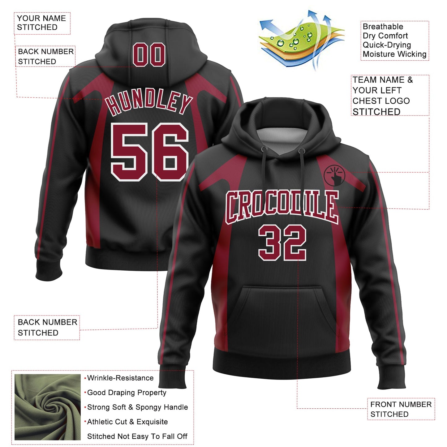 Custom Stitched Black Crimson-White 3D Pattern Design Segmentation Patchwork Stripe Sports Pullover Sweatshirt Hoodie view 2