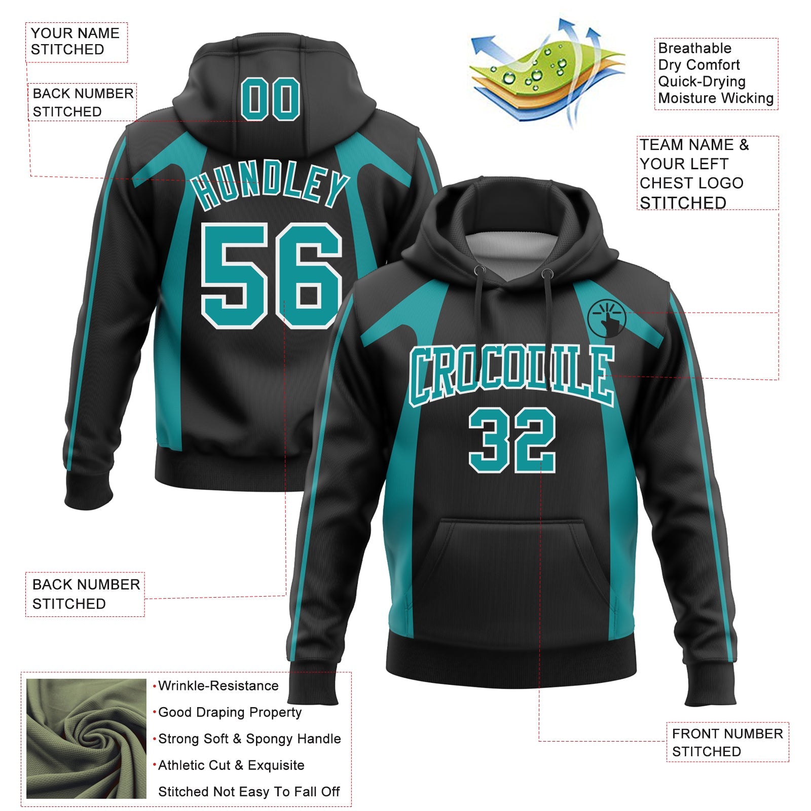 Custom Stitched Black Teal-White 3D Pattern Design Segmentation Patchwork Stripe Sports Pullover Sweatshirt Hoodie view 2