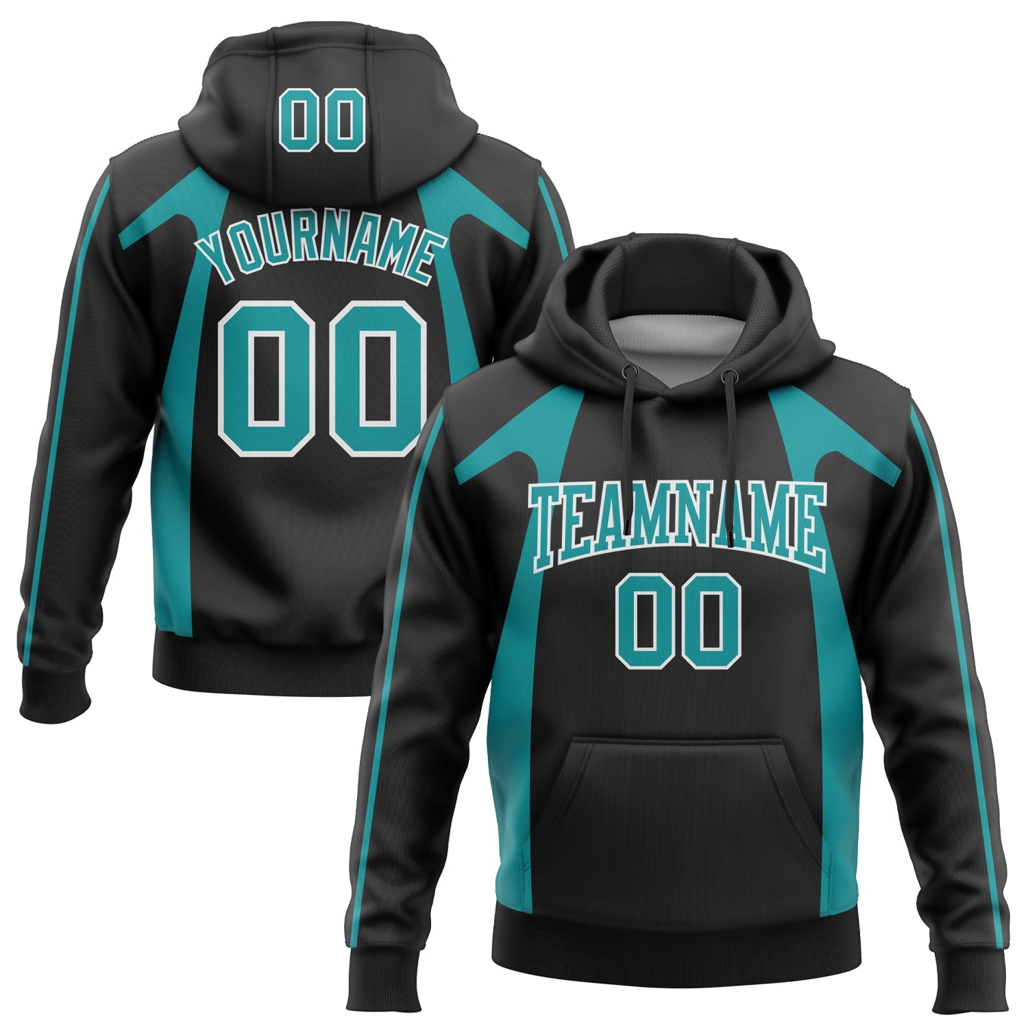 Custom Stitched Black Teal-White 3D Pattern Design Segmentation Patchwork Stripe Sports Pullover Sweatshirt Hoodie - Main View