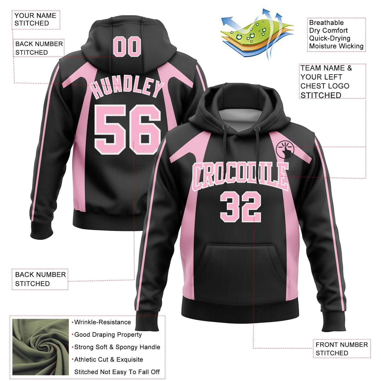 Custom Stitched Black Light Pink-White 3D Pattern Design Segmentation Patchwork Stripe Sports Pullover Sweatshirt Hoodie view 2