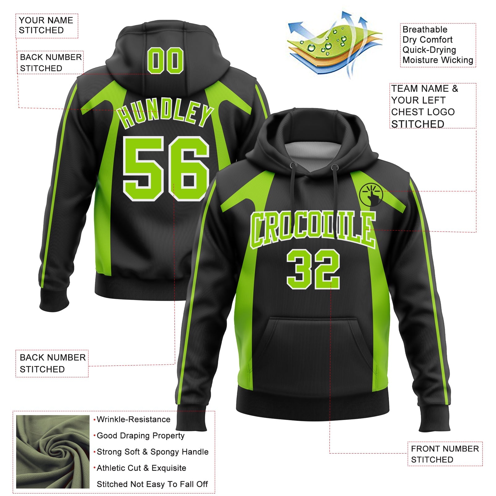 Custom Stitched Black Neon Green-White 3D Pattern Design Segmentation Patchwork Stripe Sports Pullover Sweatshirt Hoodie view 2