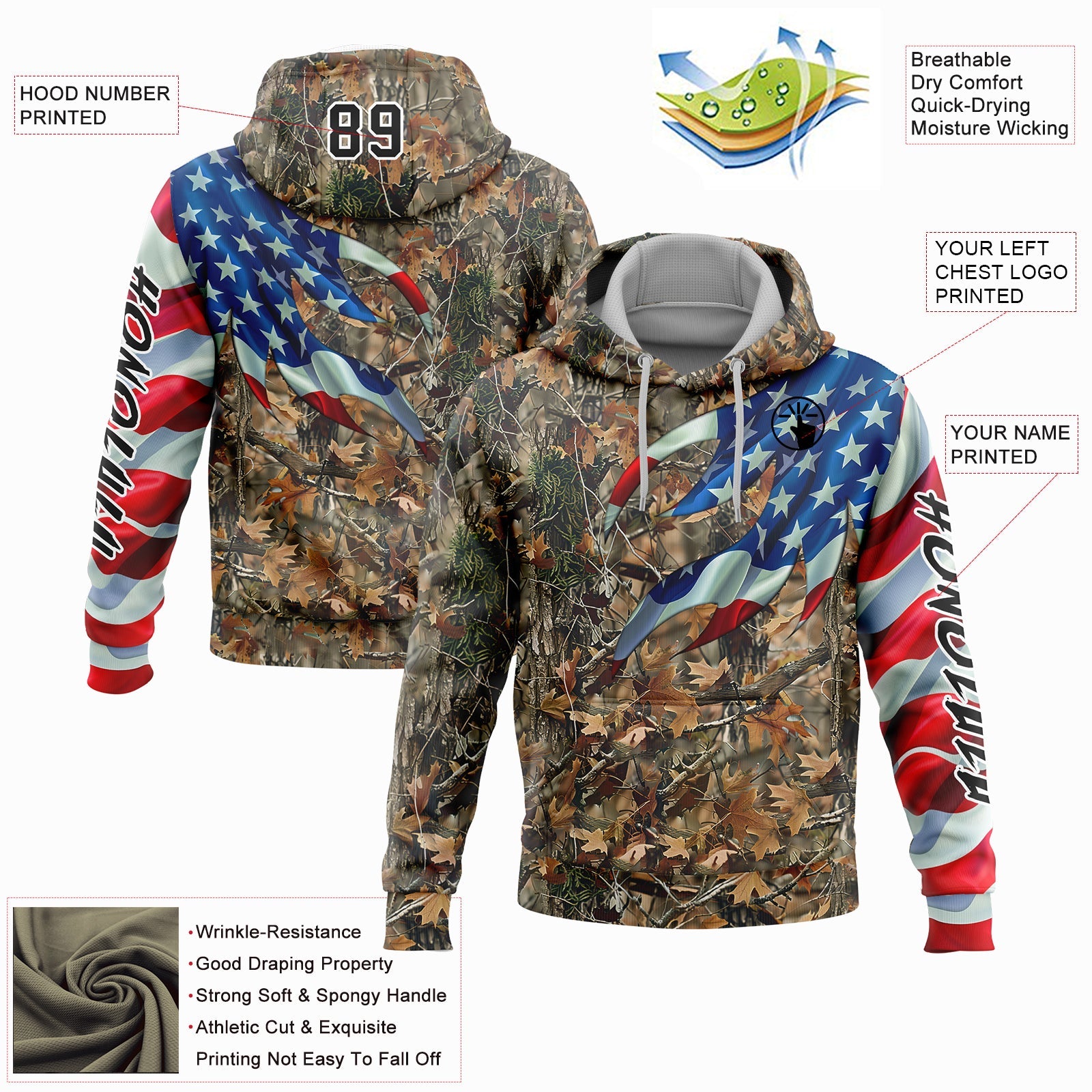 Custom Camo Black-White 3D American Flag Hunting Sports Pullover Sweatshirt Hoodie view 2