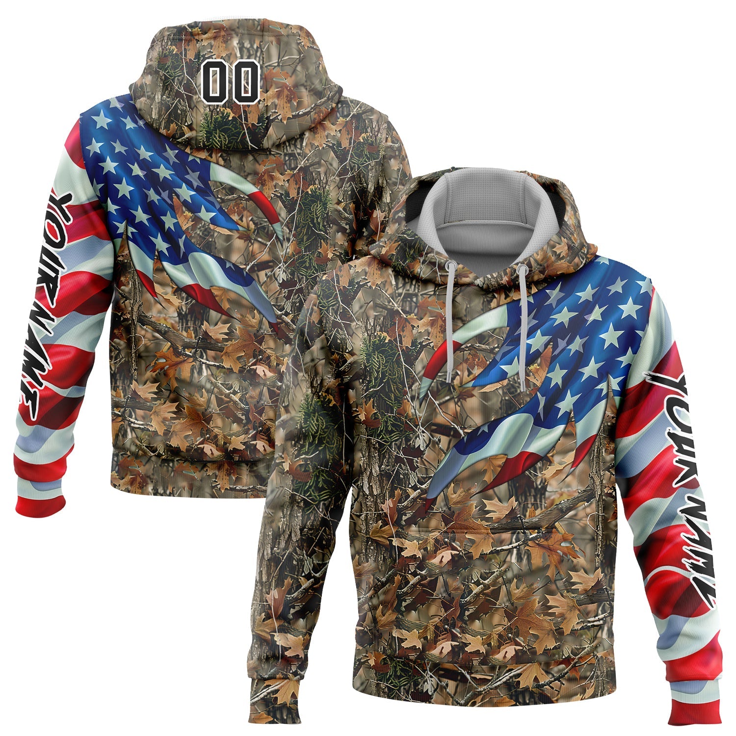 Custom Camo Black-White 3D American Flag Hunting Sports Pullover Sweatshirt Hoodie - Main View