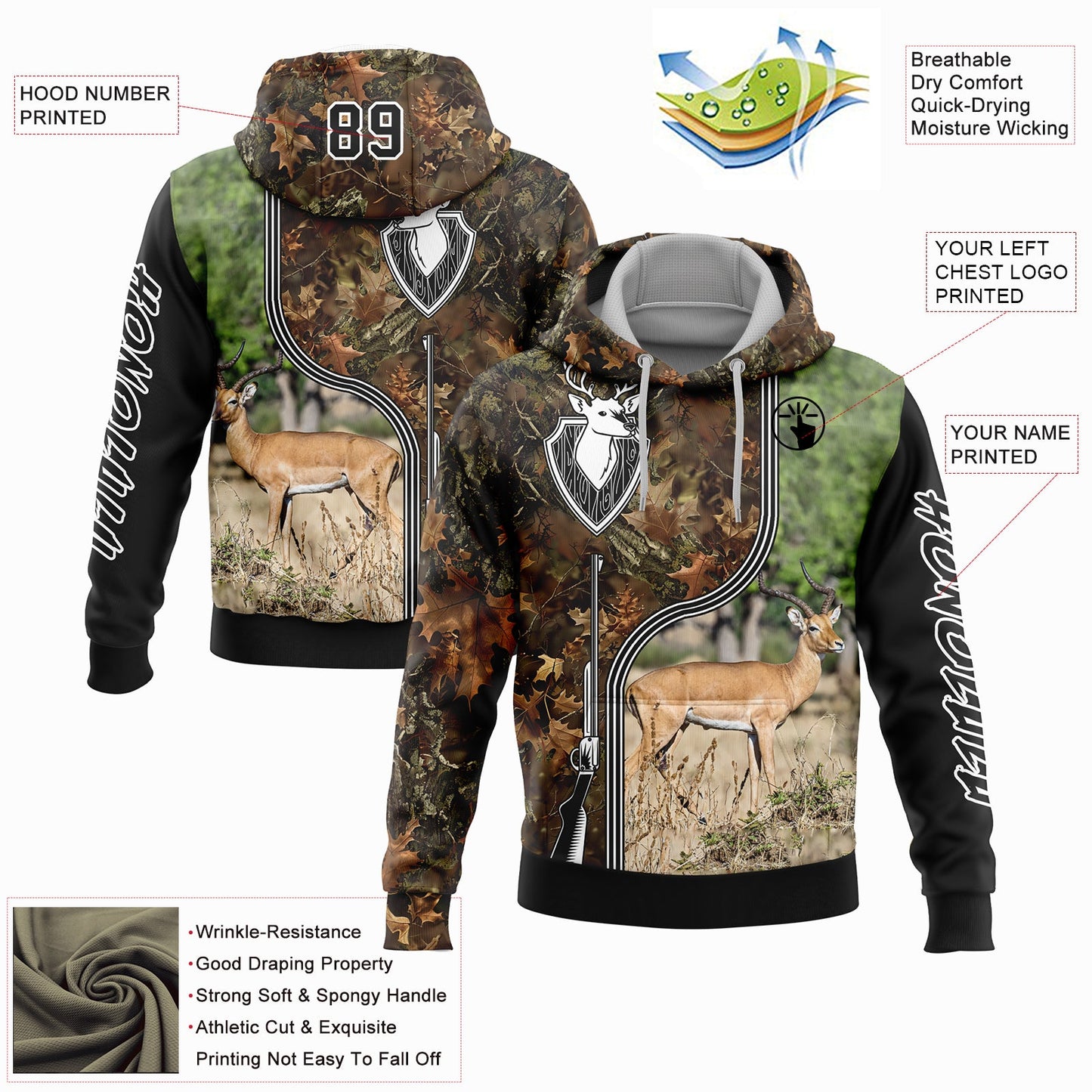Custom Camo Black-White 3D Deer And Impala Gun Hunting Sports Pullover Sweatshirt Hoodie view 2