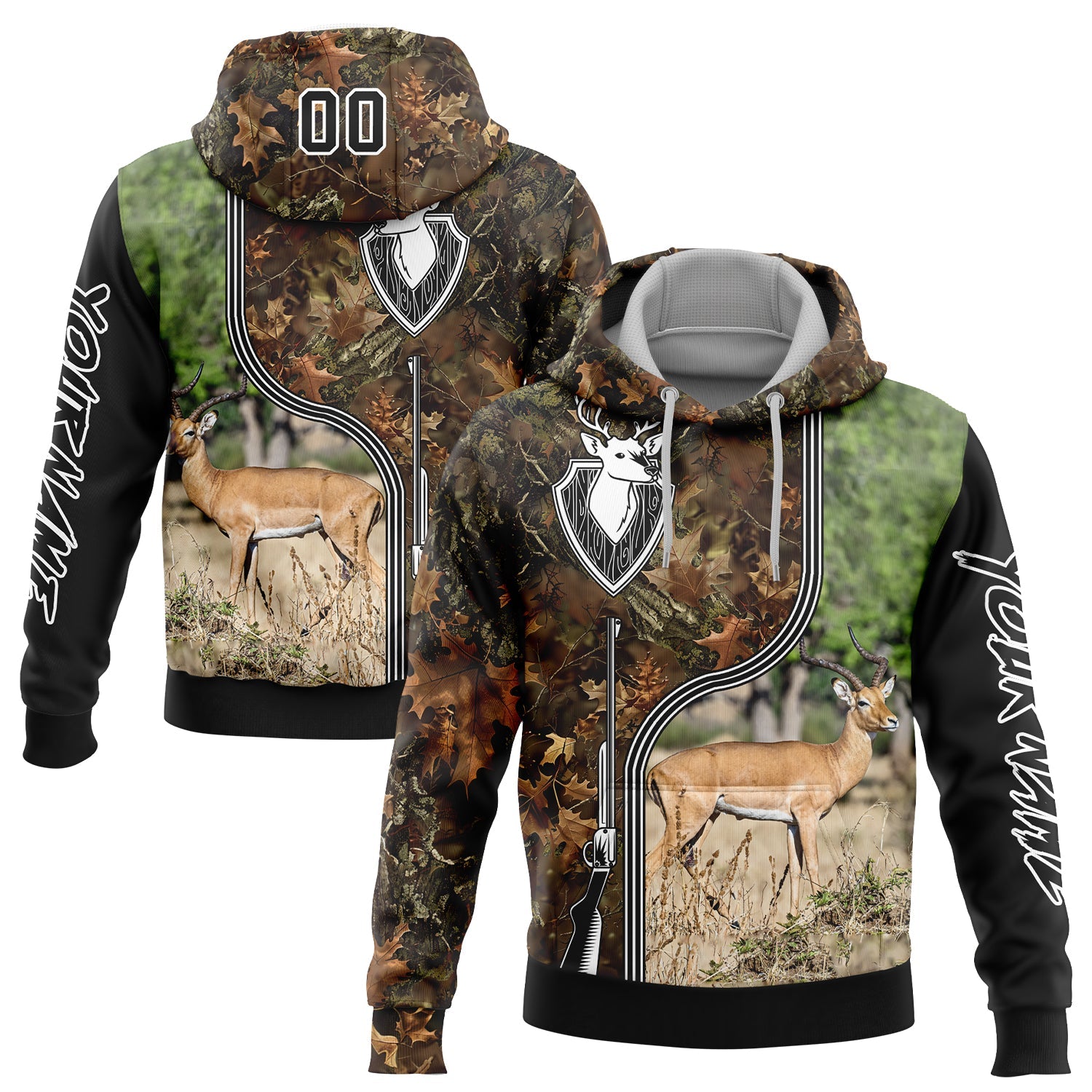 Custom Camo Black-White 3D Deer And Impala Gun Hunting Sports Pullover Sweatshirt Hoodie - Main View