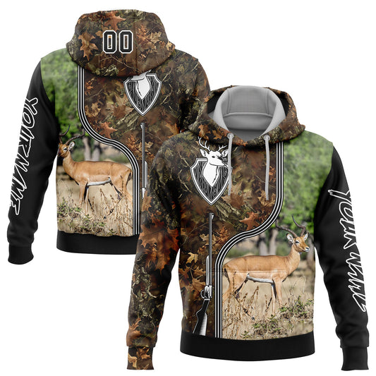 Custom Camo Black-White 3D Deer And Impala Gun Hunting Sports Pullover Sweatshirt Hoodie - Main View