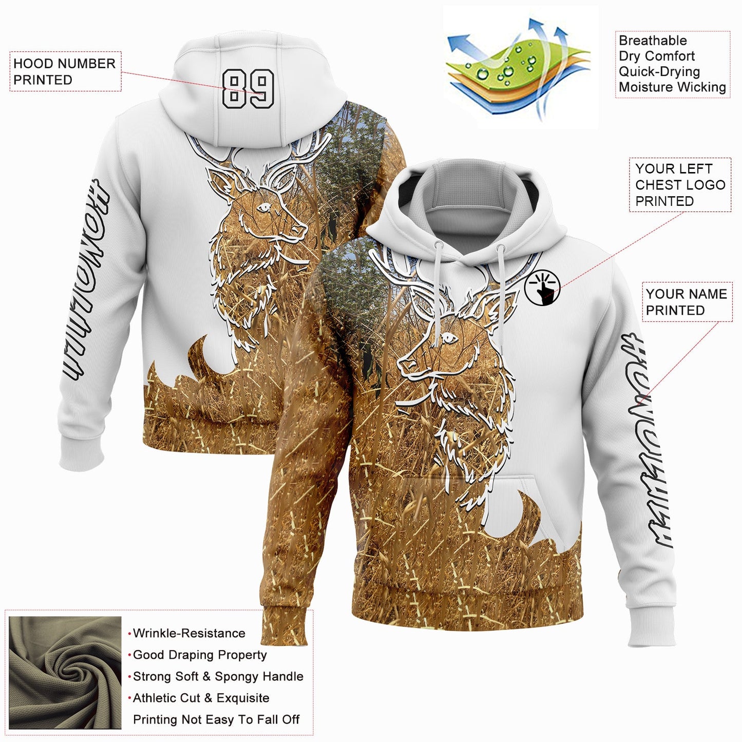 Custom White Black-Old Gold 3D Deer Hunting Sports Pullover Sweatshirt Hoodie view 2