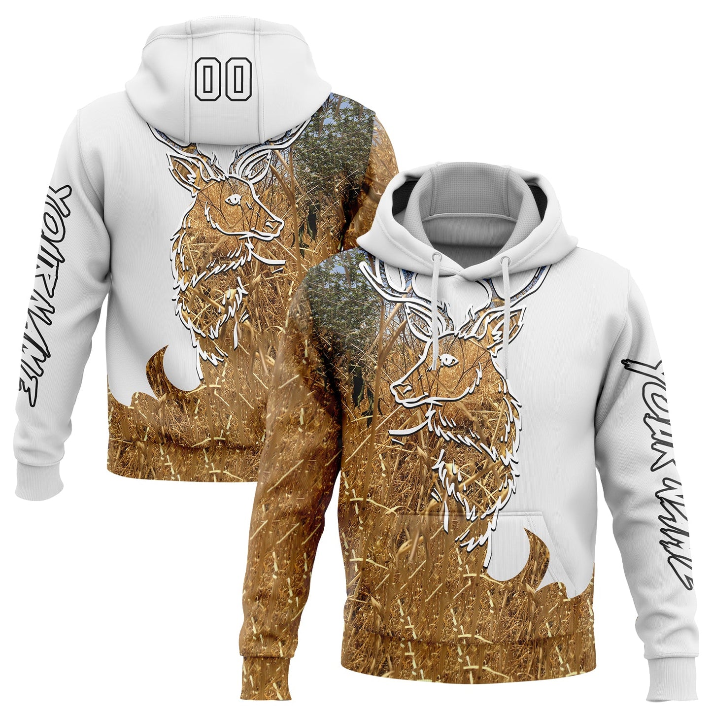 Custom White Black-Old Gold 3D Deer Hunting Sports Pullover Sweatshirt Hoodie - Main View
