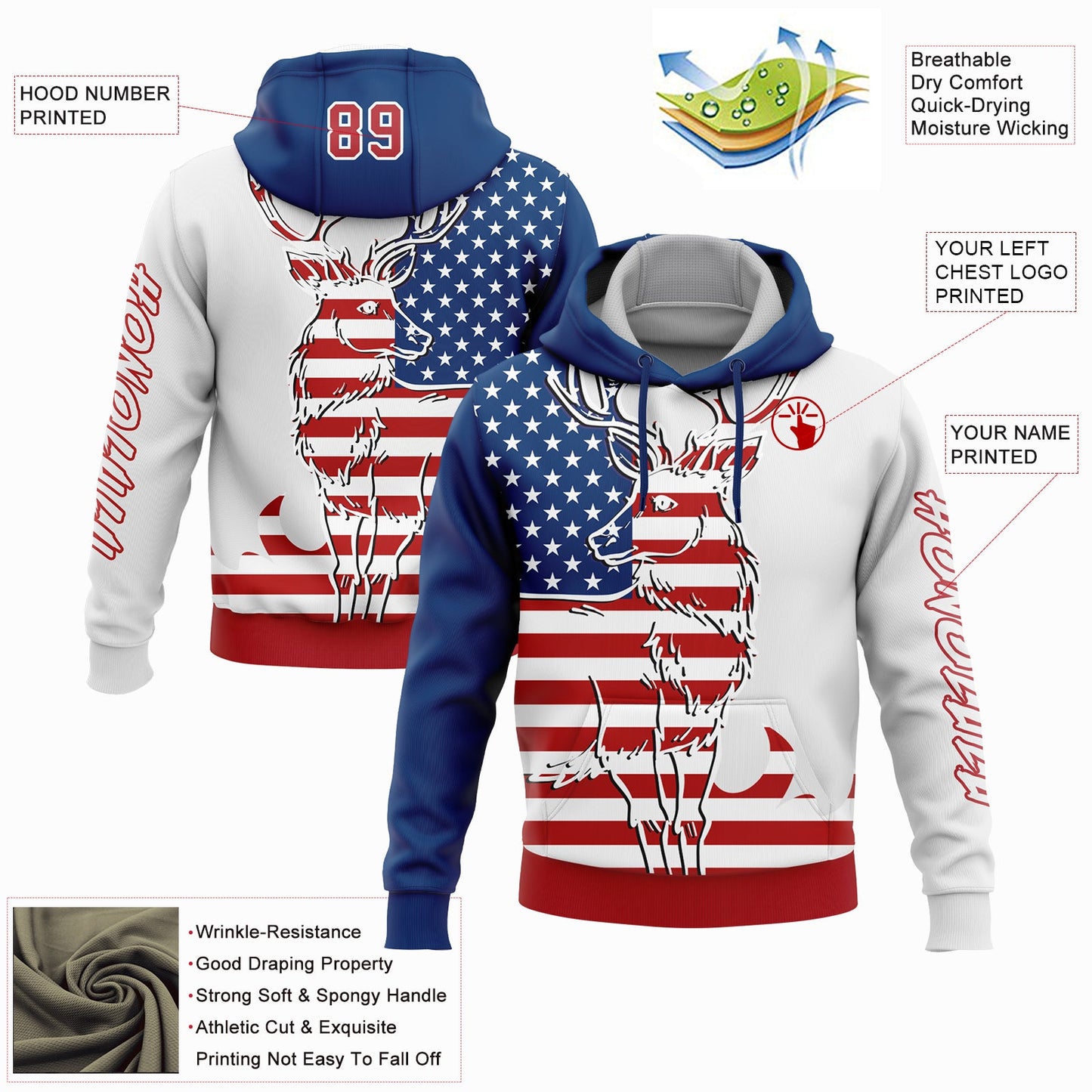 Custom White Red-US Navy Blue 3D American Flag And Deer Hunting Sports Pullover Sweatshirt Hoodie view 2