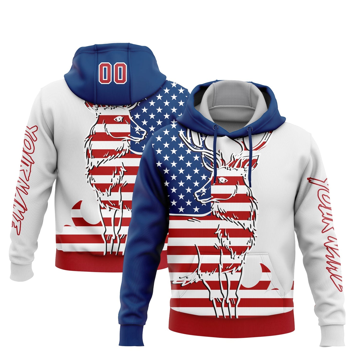 Custom White Red-US Navy Blue 3D American Flag And Deer Hunting Sports Pullover Sweatshirt Hoodie - Main View