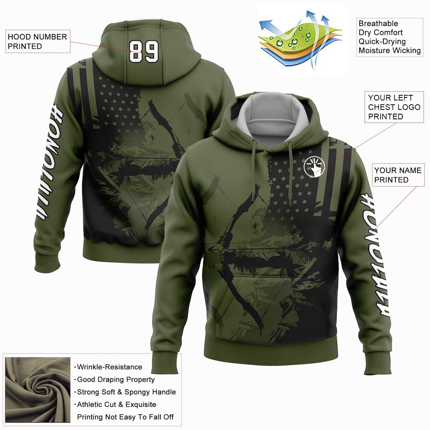 Custom Olive White-Black 3D American Flag And Bow Hunter Hunting Sports Pullover Sweatshirt Hoodie view 2
