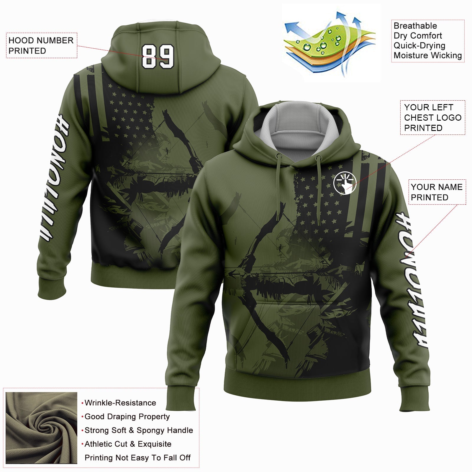 Custom Olive White-Black 3D American Flag And Bow Hunter Hunting Sports Pullover Sweatshirt Hoodie view 2