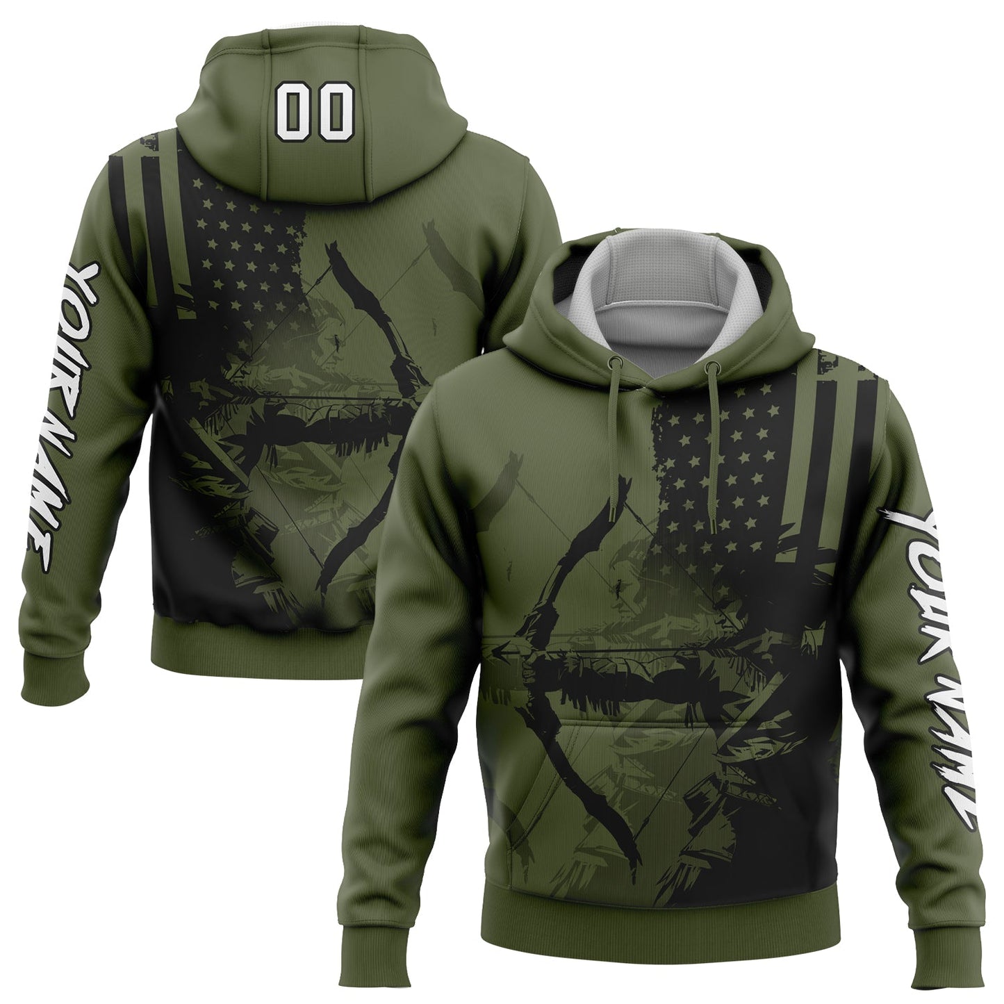 Custom Olive White-Black 3D American Flag And Bow Hunter Hunting Sports Pullover Sweatshirt Hoodie - Main View