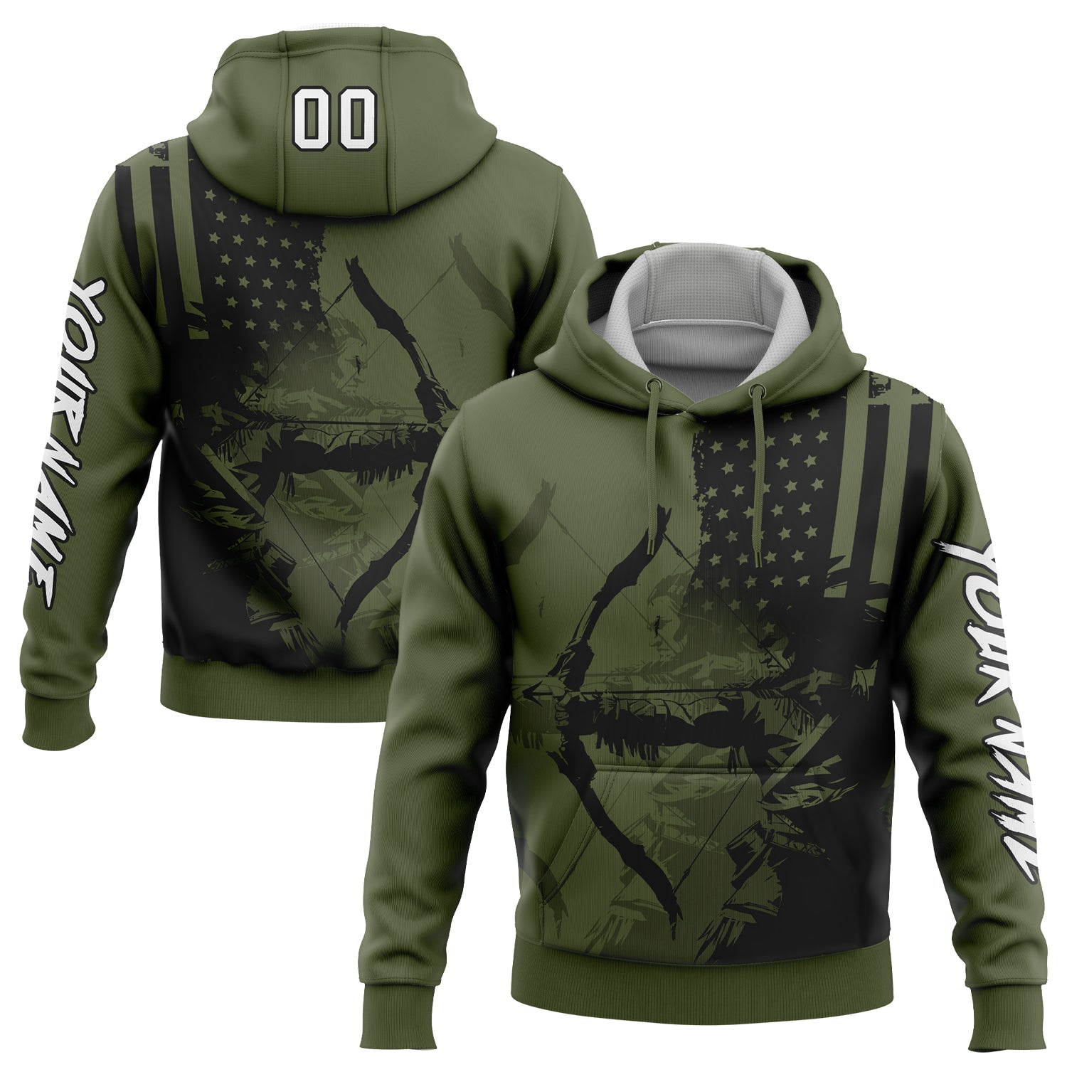 Custom Olive White-Black 3D American Flag And Bow Hunter Hunting Sports Pullover Sweatshirt Hoodie - Main View