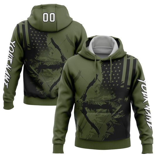 Custom Olive White-Black 3D American Flag And Bow Hunter Hunting Sports Pullover Sweatshirt Hoodie - Main View