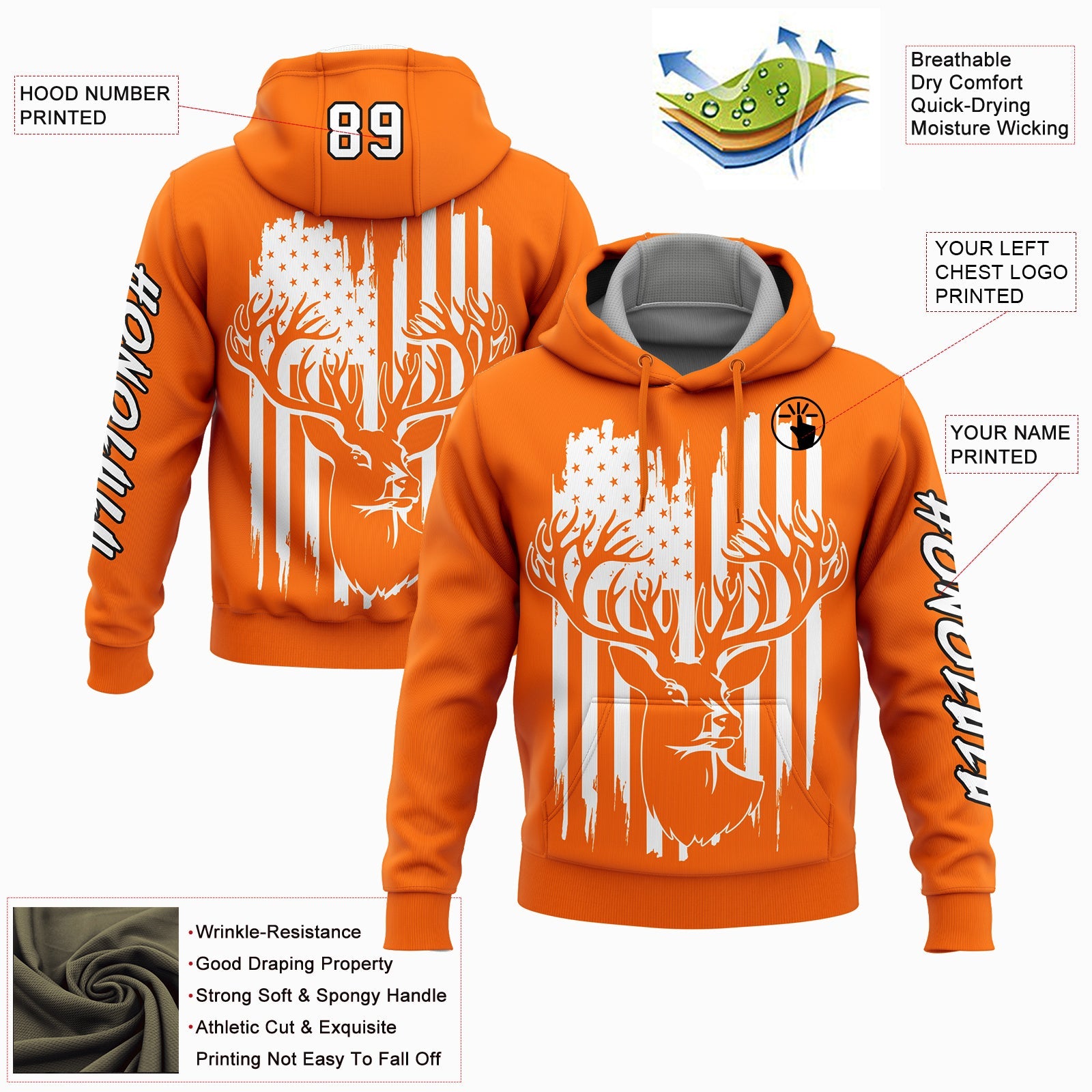 Custom Bay Orange White-Black 3D American Flag And Deer Hunting Sports Pullover Sweatshirt Hoodie view 2
