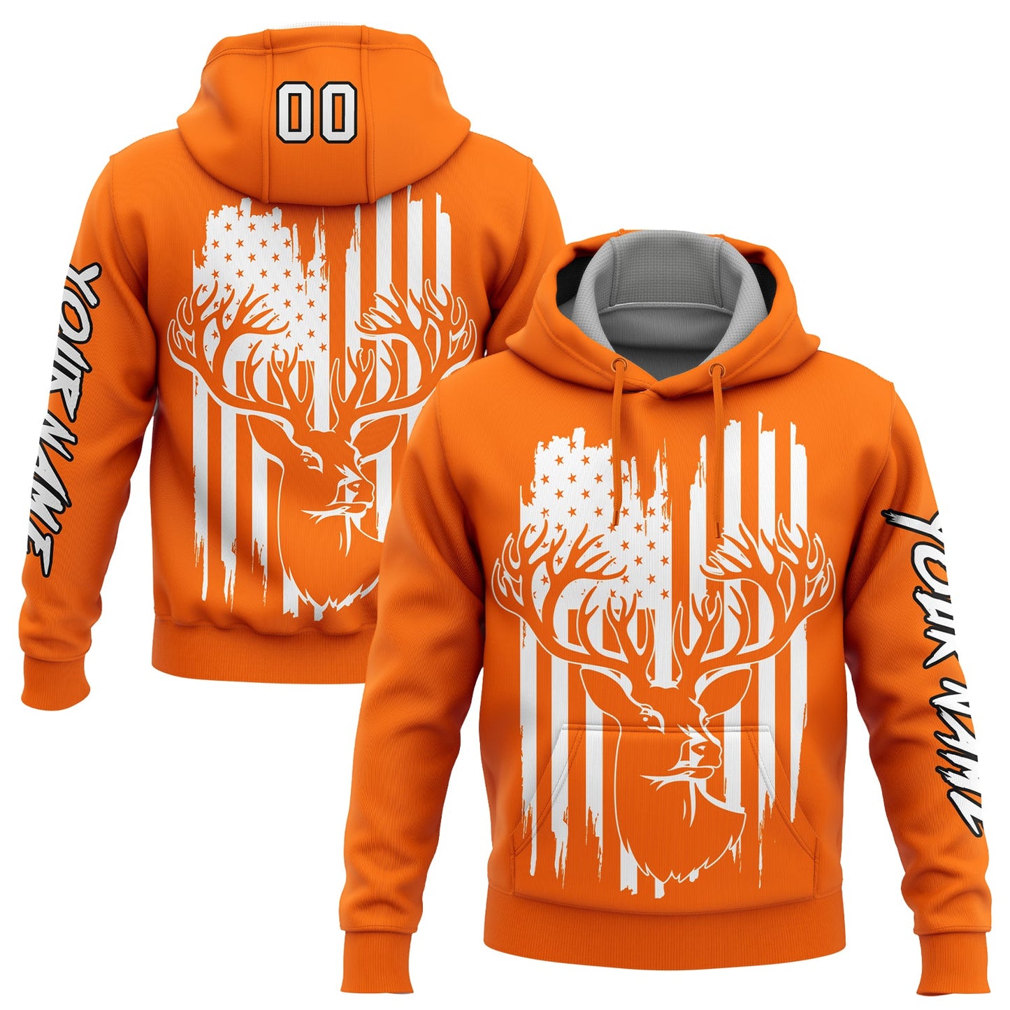 Custom Bay Orange White-Black 3D American Flag And Deer Hunting Sports Pullover Sweatshirt Hoodie - Main View