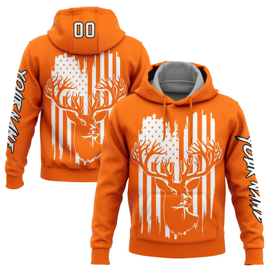 Custom Bay Orange White-Black 3D American Flag And Deer Hunting Sports Pullover Sweatshirt Hoodie - Main View