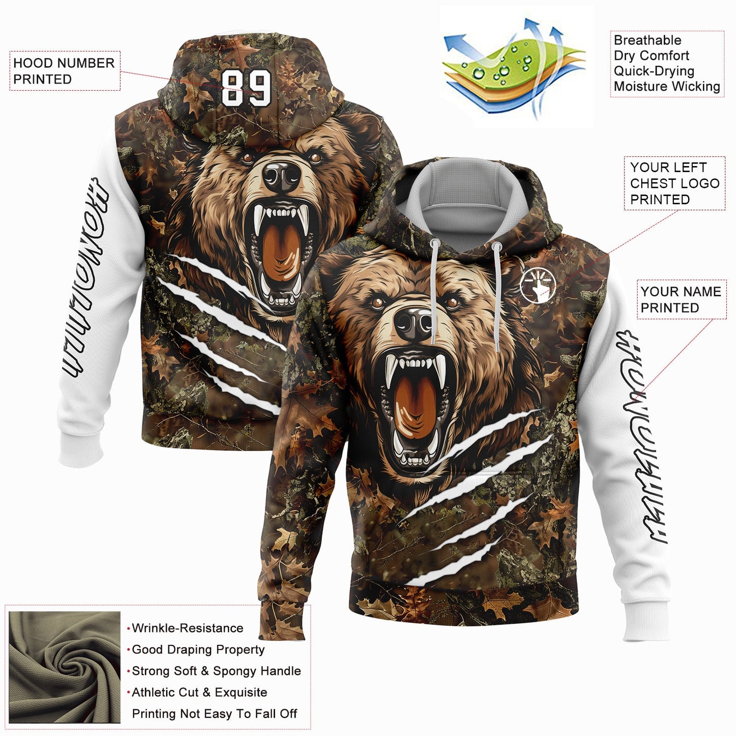 Custom Camo Black-White 3D Bear Hunting Sports Pullover Sweatshirt Hoodie view 2