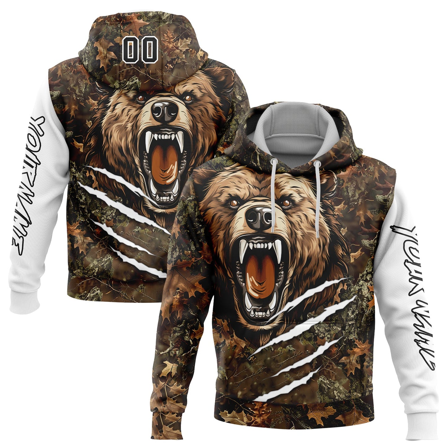 Custom Camo Black-White 3D Bear Hunting Sports Pullover Sweatshirt Hoodie - Main View