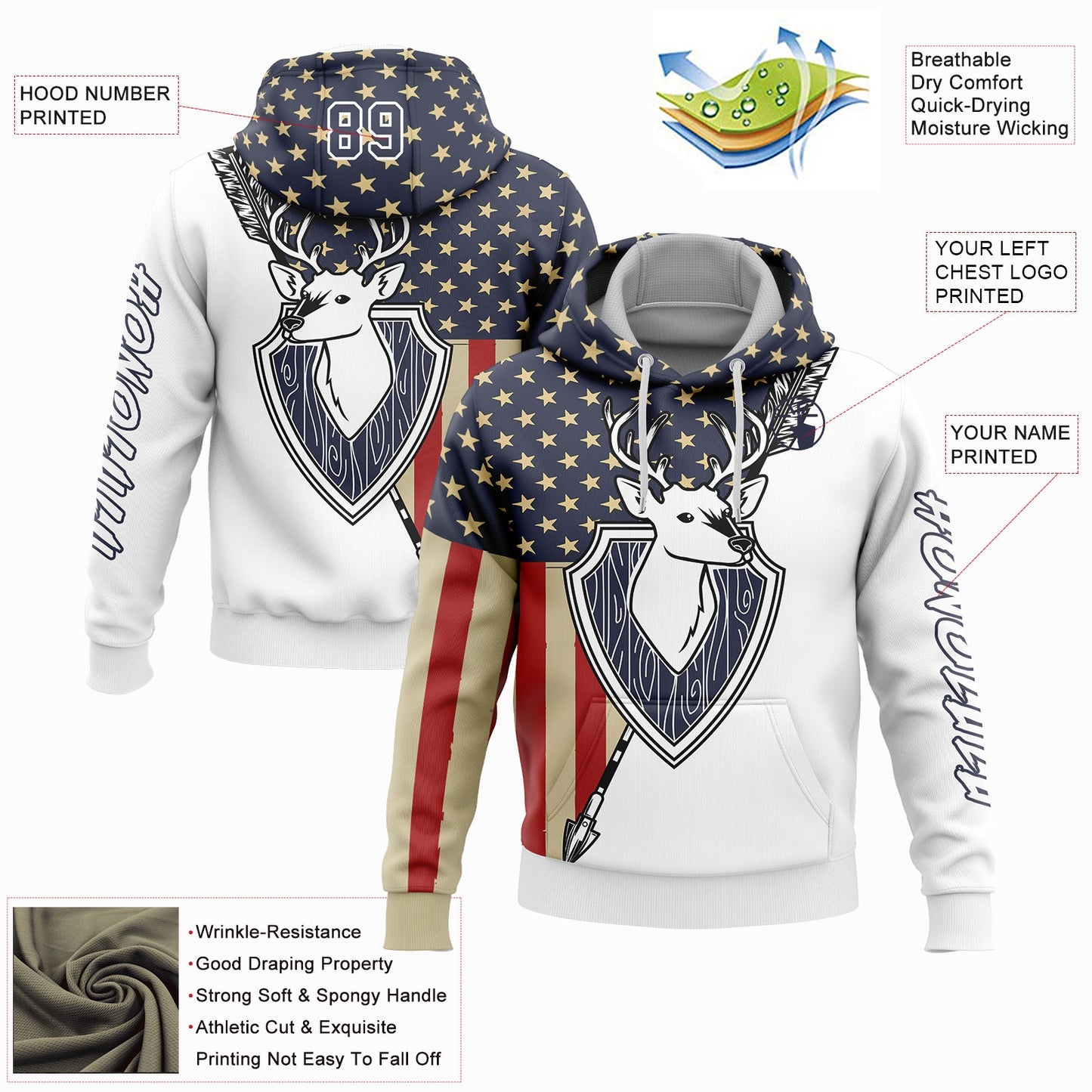 Custom White Navy 3D American Flag And Deer Hunting Sports Pullover Sweatshirt Hoodie view 2