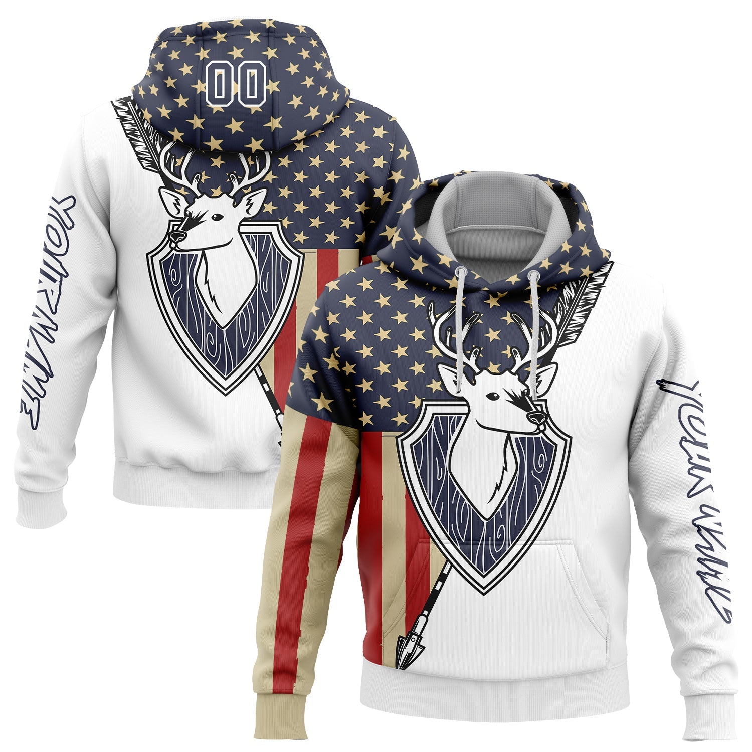 Custom White Navy 3D American Flag And Deer Hunting Sports Pullover Sweatshirt Hoodie - Main View