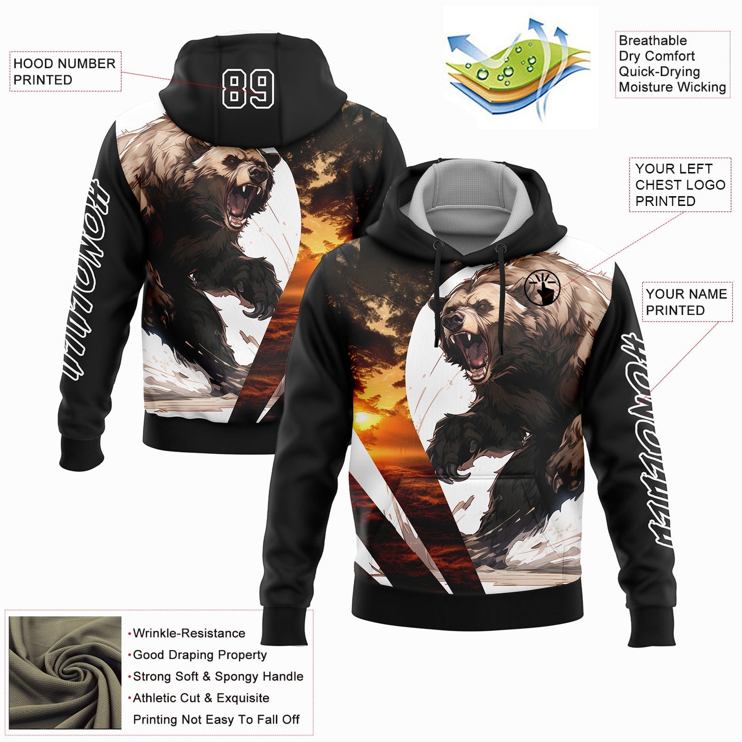 Custom Black White 3D Bear Hunting Sports Pullover Sweatshirt Hoodie view 2
