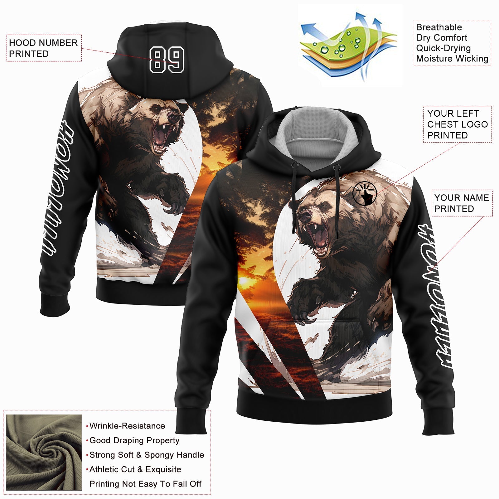 Custom Black White 3D Bear Hunting Sports Pullover Sweatshirt Hoodie view 2