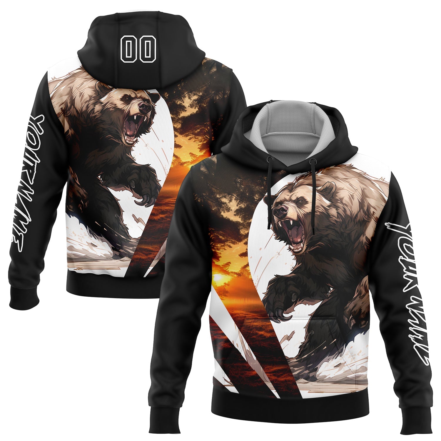 Custom Black White 3D Bear Hunting Sports Pullover Sweatshirt Hoodie - Main View