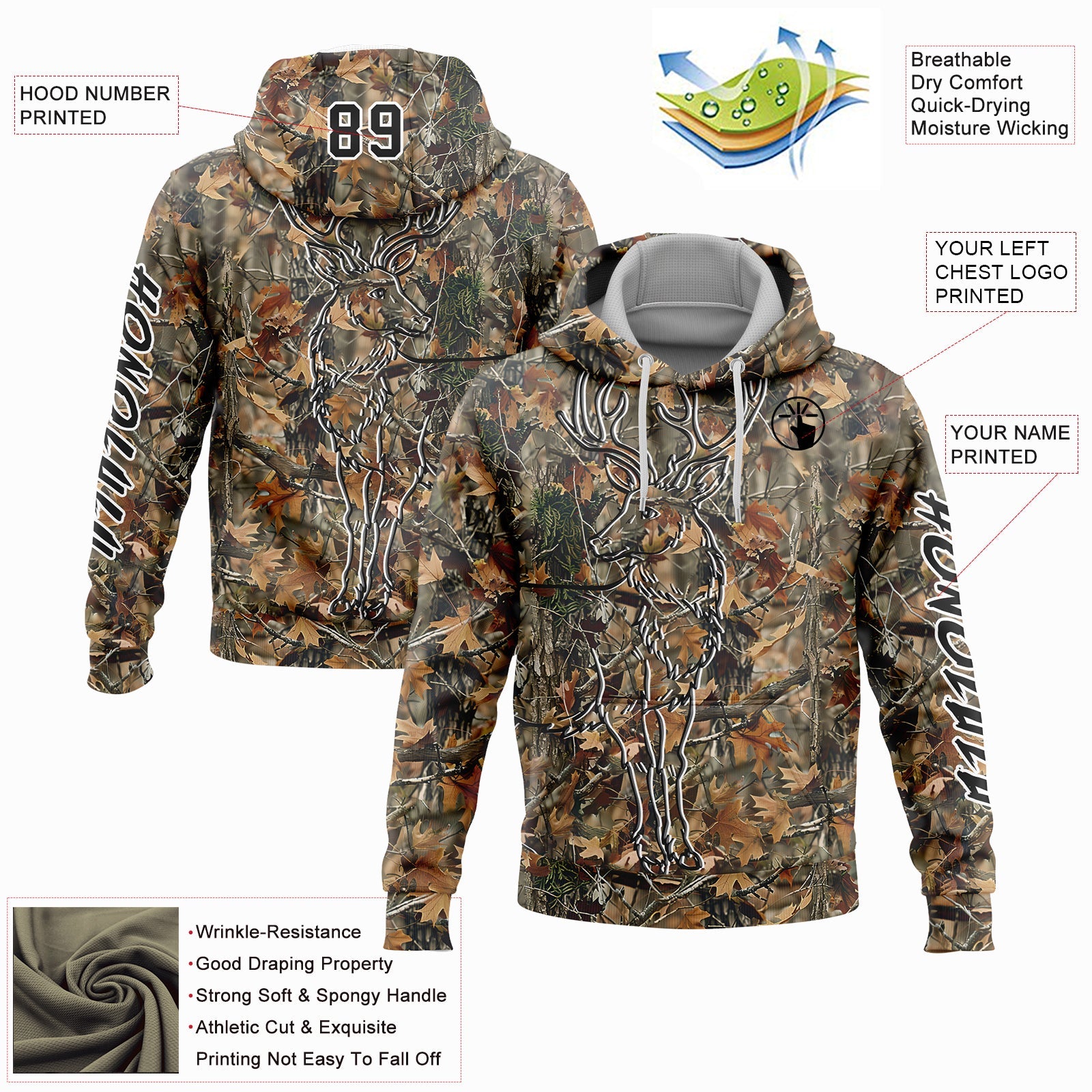 Custom Camo Black-White 3D Deer Hunting Sports Pullover Sweatshirt Hoodie view 2