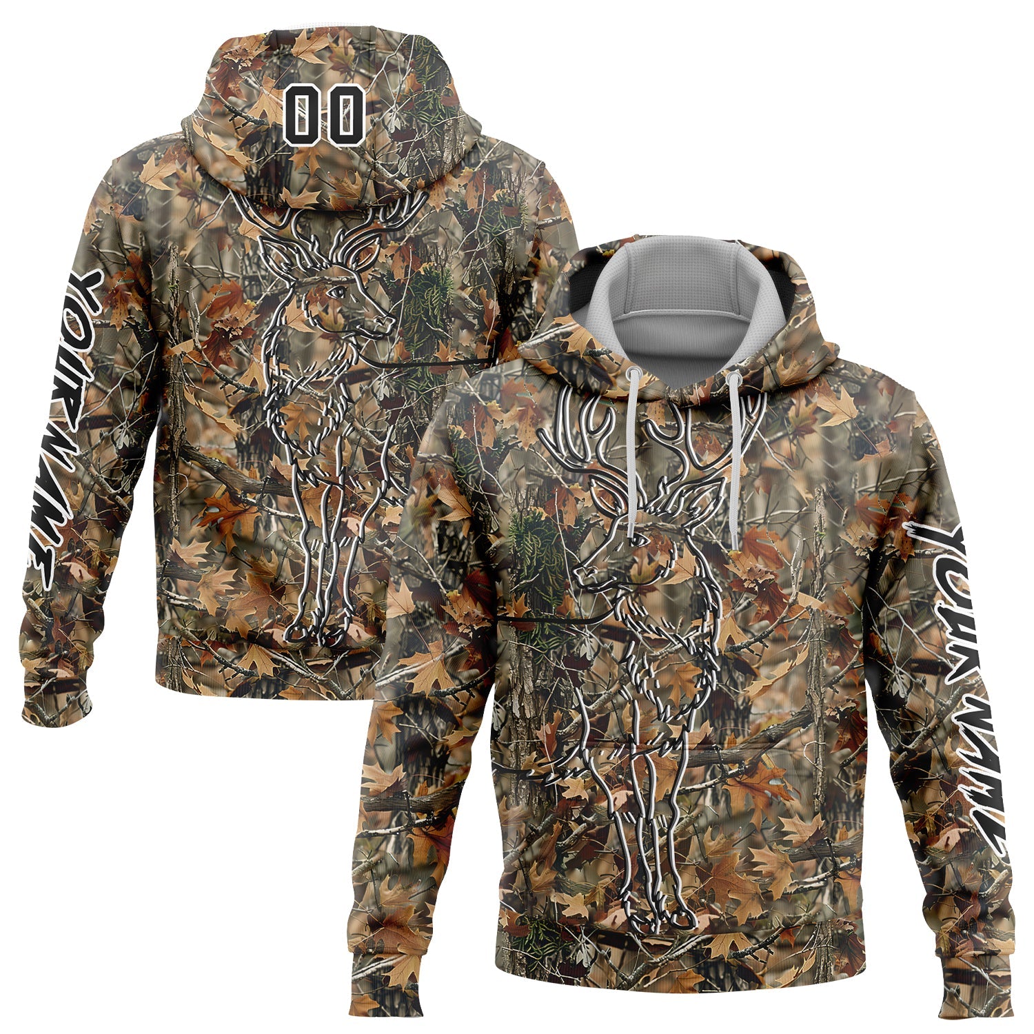 Custom Camo Black-White 3D Deer Hunting Sports Pullover Sweatshirt Hoodie - Main View