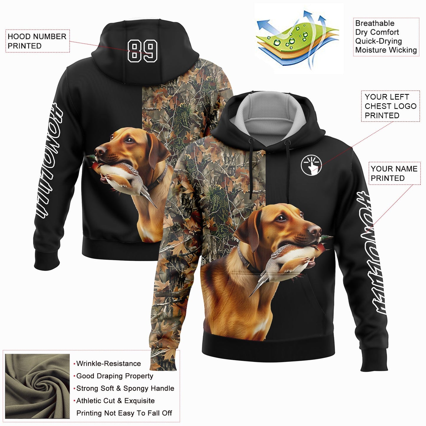Custom Black White 3D Pheasant Hunting With Dog Sports Pullover Sweatshirt Hoodie view 2